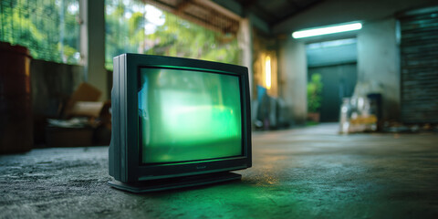 Old CRT monitor glowing green light on concrete floor in dim industrial room with blurred background