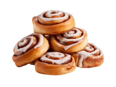 A delicious stack of freshly baked cinnamon rolls with sweet icing, isolated on transparent background