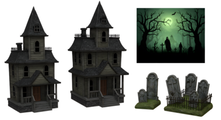 A spooky scene featuring two haunted houses, eerie trees, and a graveyard under a full moon, perfect for Halloween themes