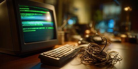 Vintage computer with green code on CRT monitor and tangled cables on wooden desk in dim room
