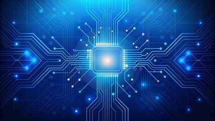 Obraz premium Abstract digital circuit board on technology blue background. Circuit connected lines and dots on abstract motherboard. Navy gradient tech bg. AI innovation concept. Futuristic illustration. 