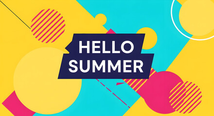 Vibrant "Hello Summer" Graphic Design with Geometric Shapes and Bold Colors