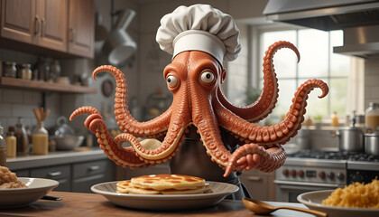 Fototapeta premium An octopus chef, with chef's hat and apron, presents pancakes in a modern kitchen setting, whimsical, perfect for culinary projects.