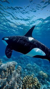 Vertical video orca whale swim underwater
