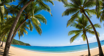 Tropical Paradise: Palm Trees Frame Azure Ocean and Sandy Beach.