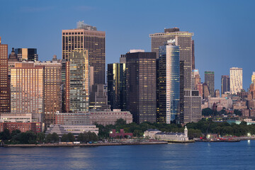 Evening view of Lower Manhattan from the Hudson River.