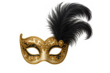 Elegant venetian mask with black feathers, isolated on transparent background, perfect for carnival and masquerade themes