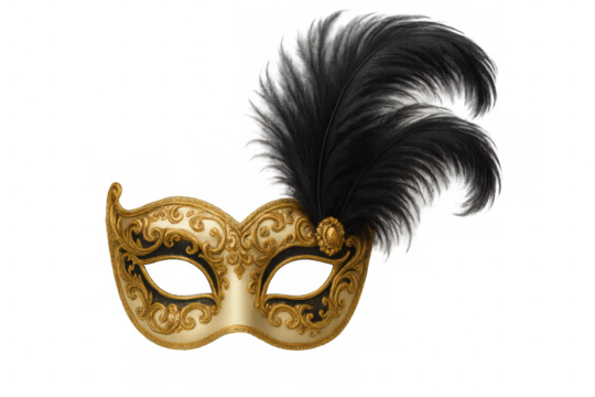 Elegant venetian mask with black feathers, isolated on transparent background, perfect for carnival and masquerade themes
