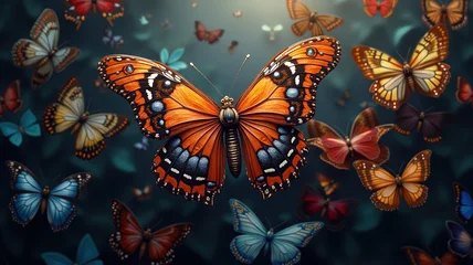 Handdoek met foto Meisjeskamer Vibrant Monarch Butterfly Illustration, Detailed Wing Design, Swarm of Colorful Butterflies, Nature Inspired Artwork, Digital Painting, Entomology, Insect Art, Close-up View, Artistic Render, Wildlife  © Alex