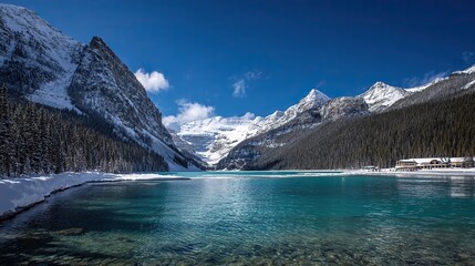 Obraz premium Stunning turquoise lake surrounded by towering mountains, with water reflecting blue sky and white clouds, creating a serene landscape filled with tranquility and beauty.