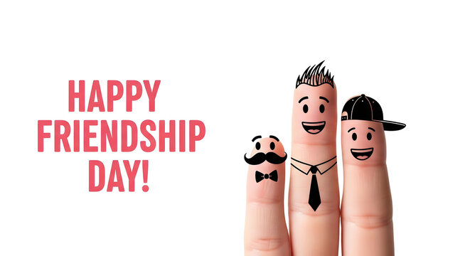 Happy Friendship Day: Finger Friends with Accessories, White Background. - Powered by Adobe