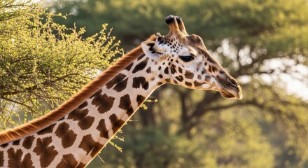Close-up of a giraffe's neck and head in a lush African savanna.