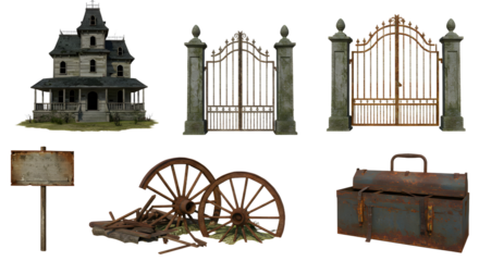 An eerie, abandoned mansion stands ominously beside rusted gates, with old tools and a weathered sign in the foreground