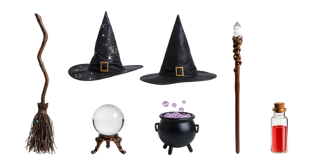 Collection of witchcraft items including hats, broom, cauldron, crystal ball, and potion bottle against a transparent background