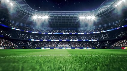 4K seamless loop of a packed sports stadium with vibrant crowd, illuminated grass field, and bright spotlights. Energetic and dynamic atmosphere for sports video backgrounds. - Powered by Adobe