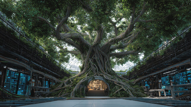 Massive Tree Becomes AI Data Center with Glowing Server Roots