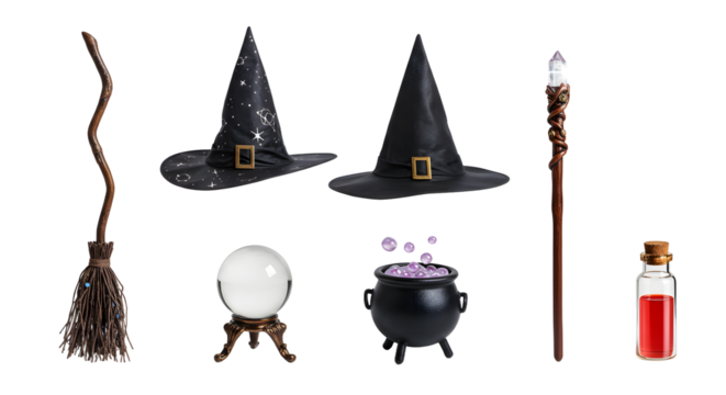 Collection of witchcraft items including hats, broom, cauldron, crystal ball, and potion bottle against a transparent background - Powered by Adobe