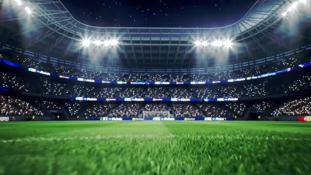 4K seamless loop of a packed sports stadium with vibrant crowd, illuminated grass field, and bright spotlights. Energetic and dynamic atmosphere for sports video backgrounds. - Powered by Adobe