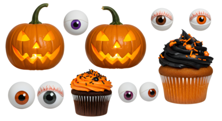 Halloween-themed decorations featuring carved pumpkins, spooky cupcakes, and colorful eyeballs against a festive backdrop