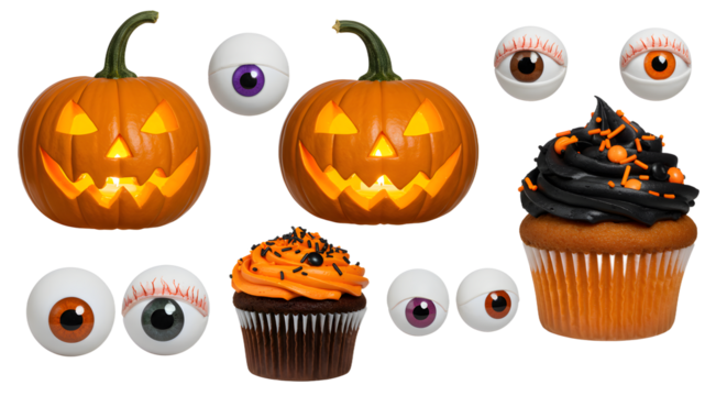 Halloween-themed decorations featuring carved pumpkins, spooky cupcakes, and colorful eyeballs against a festive backdrop