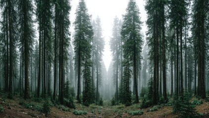 Fototapeta premium Misty forest scene. Tall, slender trees form a dense, symmetrical pathway