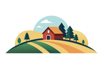 Stylized farm scene with red barn and silo at sunset
