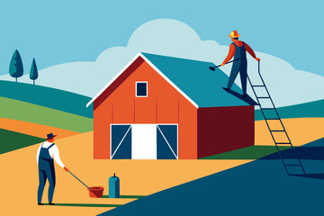Farmers working on a barn under a vibrant orange sky