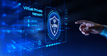 Hand Touching VPN Connection on Virtual Screen - Virtual Private Network Concept