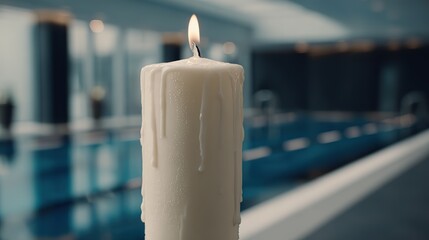 Tall white wax transparent glass candles on the table near the outdoor pool, elegant interior and garden decoration, cinematic, textured close-up, like a commercial.