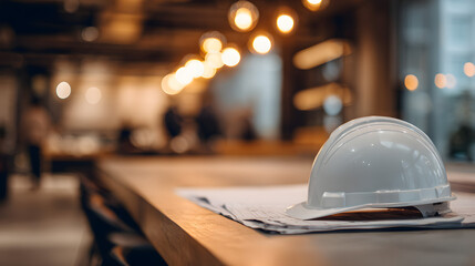 a construction supervisor reviewing blueprints at a modern job site hard hat placed on sleek conference table team meeting in soft focus background warm industrial lighting