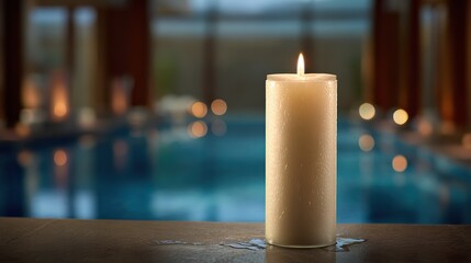 Tall white wax transparent glass candles on the table near the outdoor pool, elegant interior and garden decoration, cinematic, textured close-up, like a commercial.