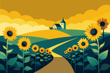 Sunny farmhouse with sunflowers and winding road