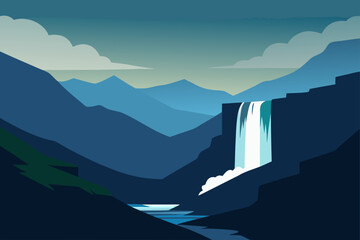 Majestic waterfall cascading through a serene mountain landscape