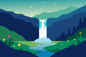 Serene waterfall landscape with mountains and flowers