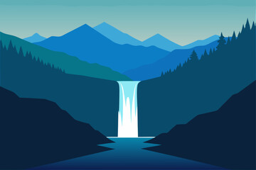 Serene mountain waterfall landscape illustration