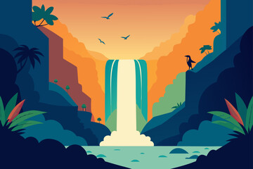 Vibrant waterfall landscape with tropical flora and fauna