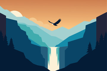 Majestic eagle soars over a serene mountain waterfall landscape