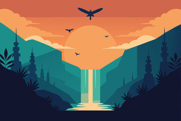 Futuristic waterfall landscape with birds and a moth