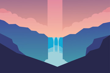 Serene waterfall cascading through a canyon under a pastel sky