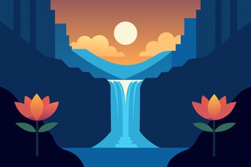 Serene waterfall scene with lotus flowers and sunset sky