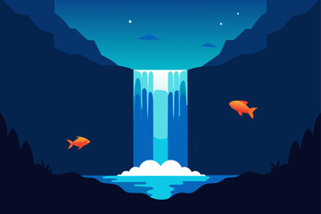 Serene night waterfall with orange fish