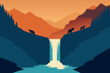 Mountain waterfall scene with silhouetted animals at sunset