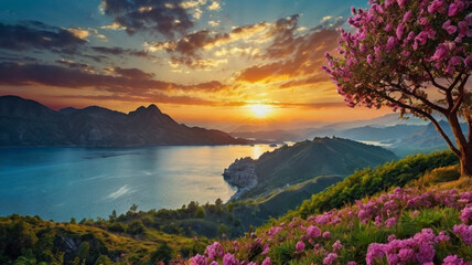 mountain landscape with lake and mountains Aerial view of beautiful tropical beach with palm trees at sunset time