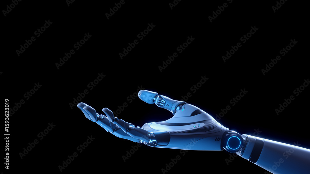 Poster robotic hand with open palm isolated on black background. artificial intelligence concept