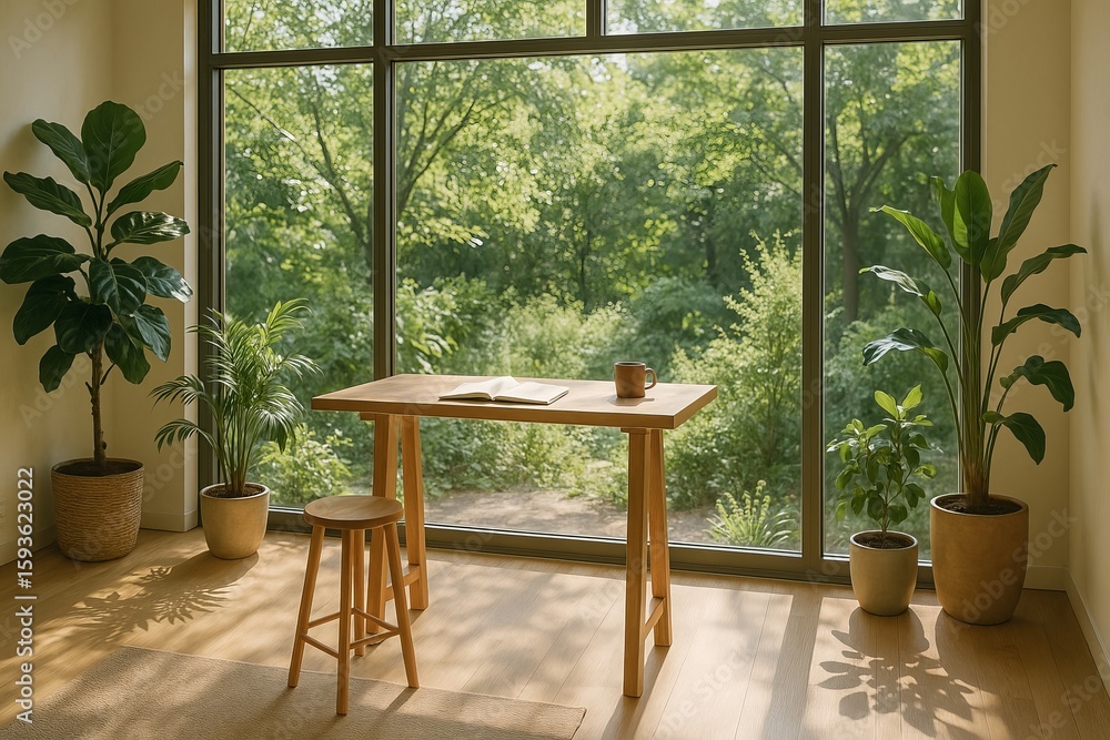 Poster serene workspace with simple desk and lush greenery view