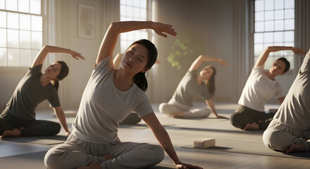 Serene Yoga Class: Women Stretching in Light-Filled Studio, Peaceful Wellness.