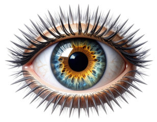 Realistic Human Eye with Metallic Spikes Radiating Outward, Front View, Transparent Background
