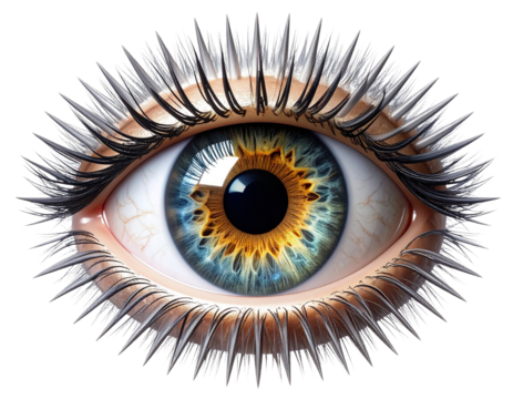 Realistic Human Eye with Metallic Spikes Radiating Outward, Front View, Transparent Background