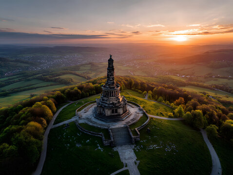 Hermannsdenkmal bei Sonnenaufgang, Luftaufnahme, Detmold, Deutschland