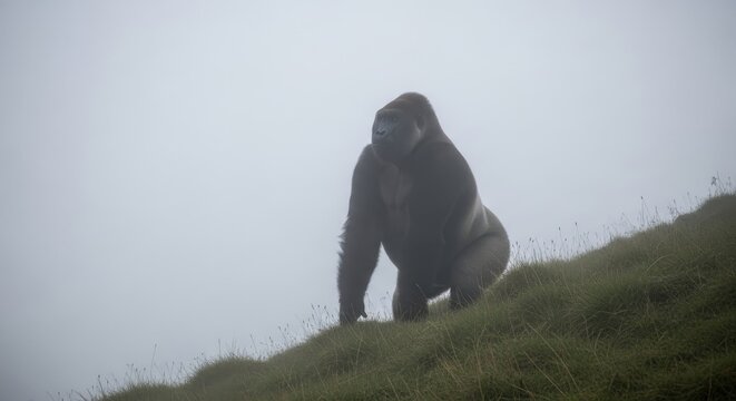 A gorilla stands on a grassy hillside, partially obscured by fog, looking towards the left.